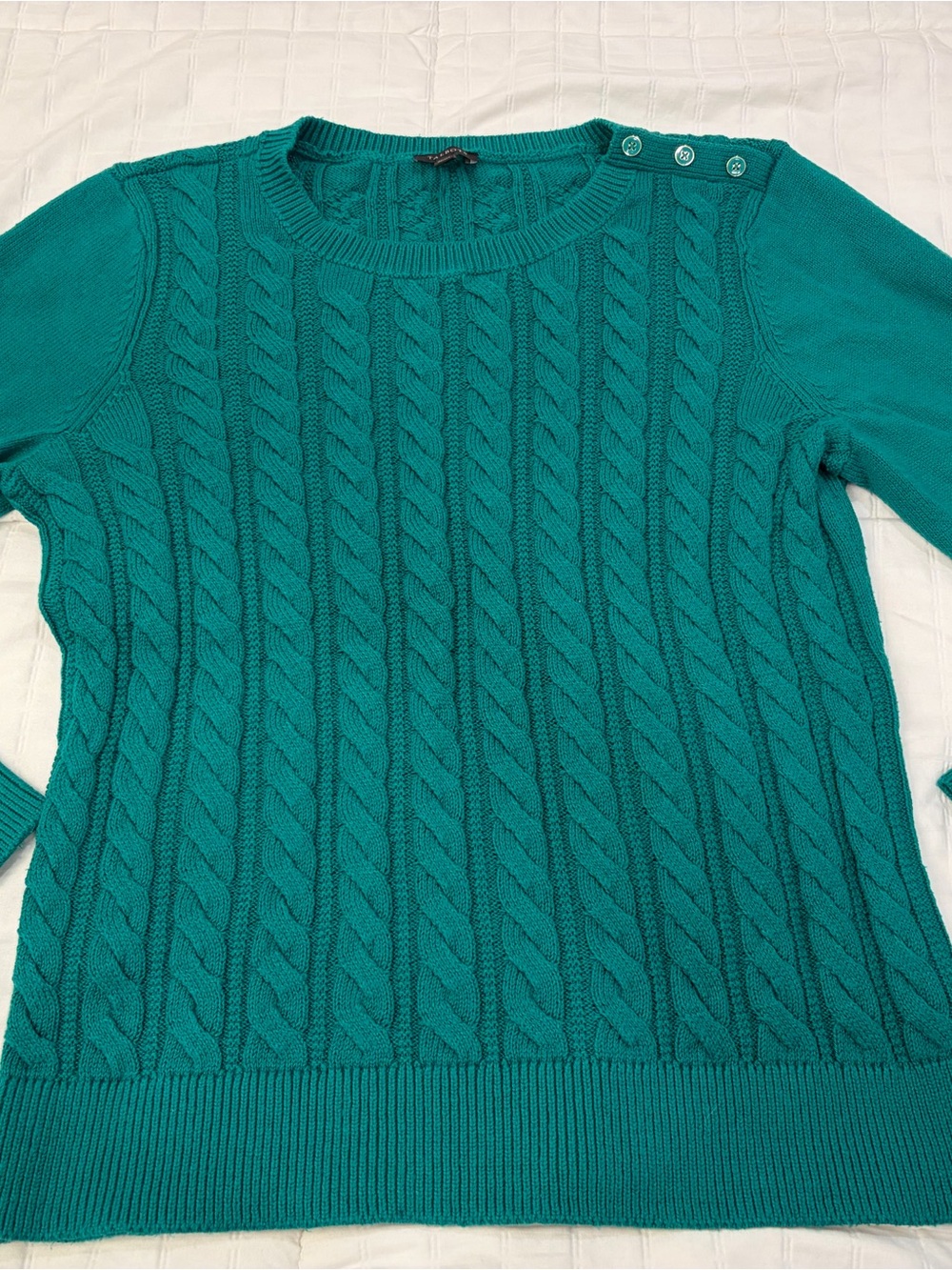 Talbots Teal Cable Crewneck Sweater with Shoulder Buttons